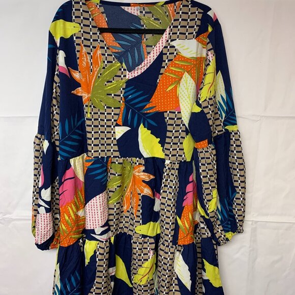 Mini bohemian dress SZ 2X bishop sleeves dropped waist abstract leaf print - Picture 5 of 14
